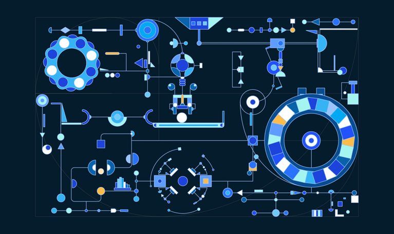 Abstract animation of colorful geometric shapes moving through an interconnected system, combining and transforming before accumulating in a large circular form that represents the business value created from AI investment.
