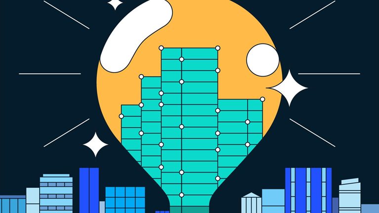 An animation of a light bulb growing from within the skyline of a city. As the light bulb grows larger amid the skyline, it sparkles and shines and reveals an office building inside of it.