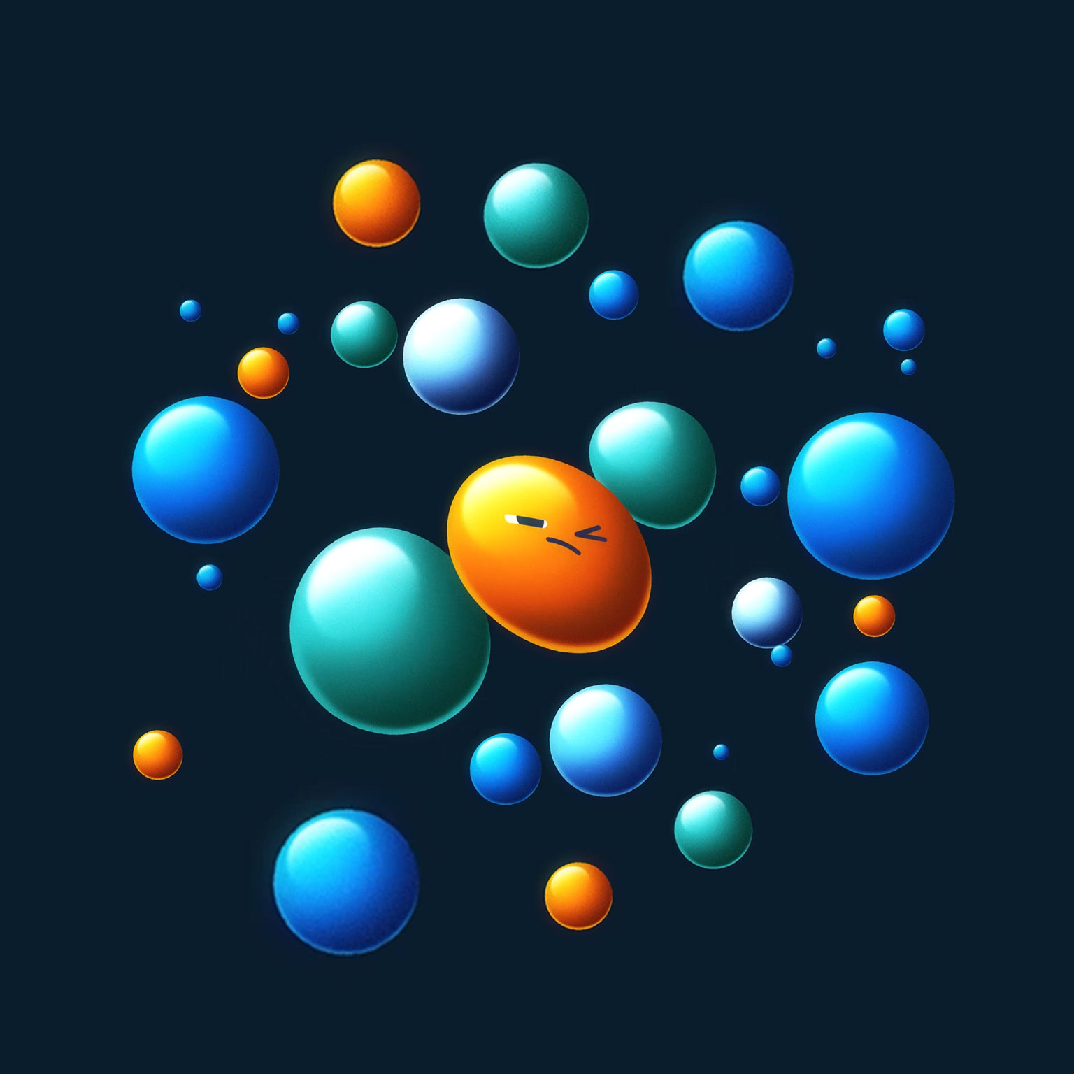 An animation shows a group of hovering three-dimensional spheres of different sizes and colors. The spheres surround an orange emoji-like sphere, representing a middle manager. The emoji-like sphere wears various strained facial expressions as different groups of spheres crush it from opposite directions.